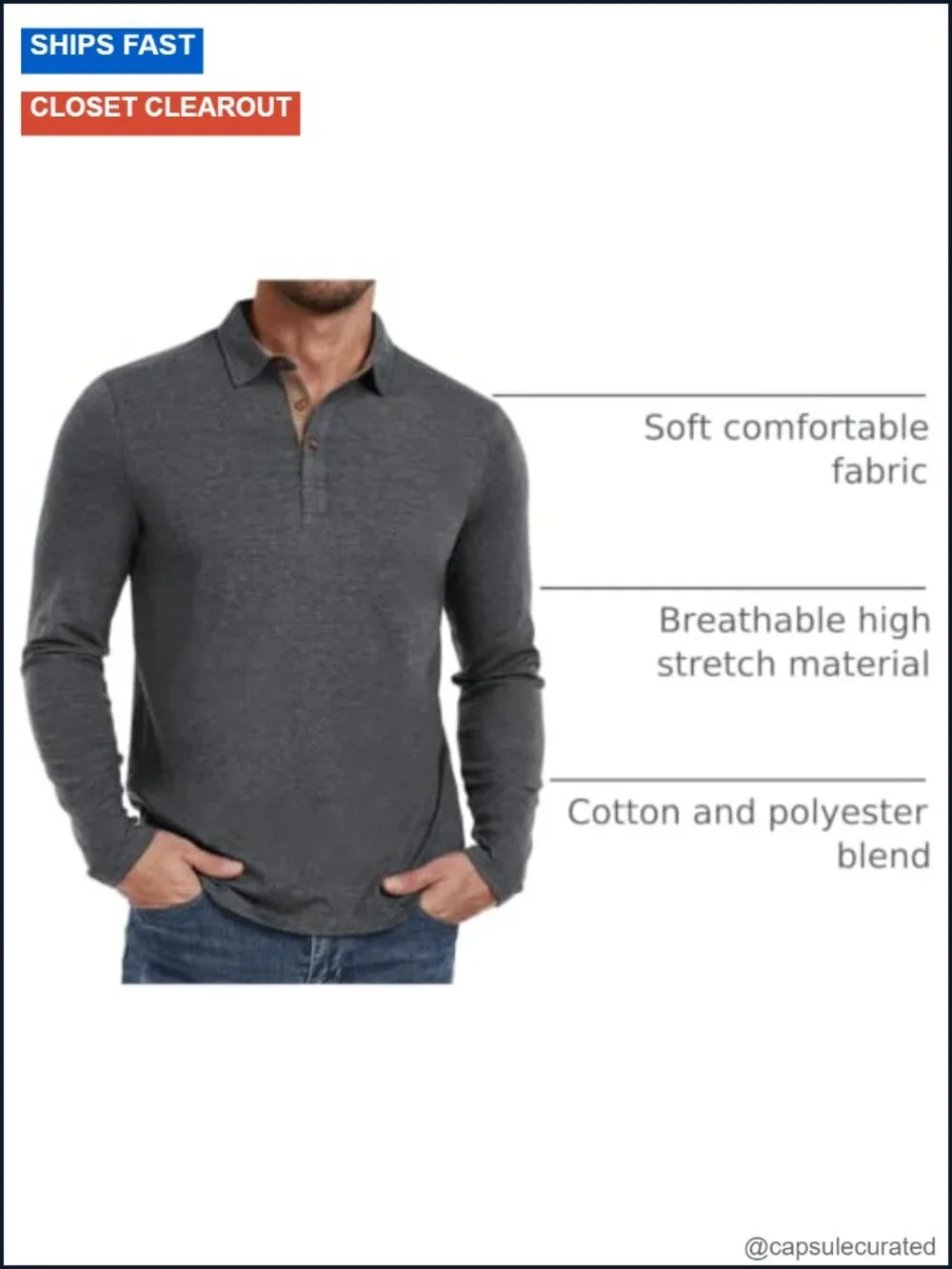 Men's Long Sleeve Polo Shirt Classic Button Collared Casual Stretch Knit